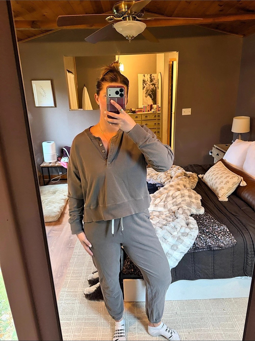 Vuori Long Sleeve Sunrise Oversize Henley Brown Loungewear Set